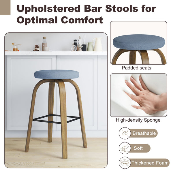 English Elm Swivel Backless Counter Stools Set of 2 with Fabric Seat Bentwood Legs Mid-century Modern Blue W3107P446559