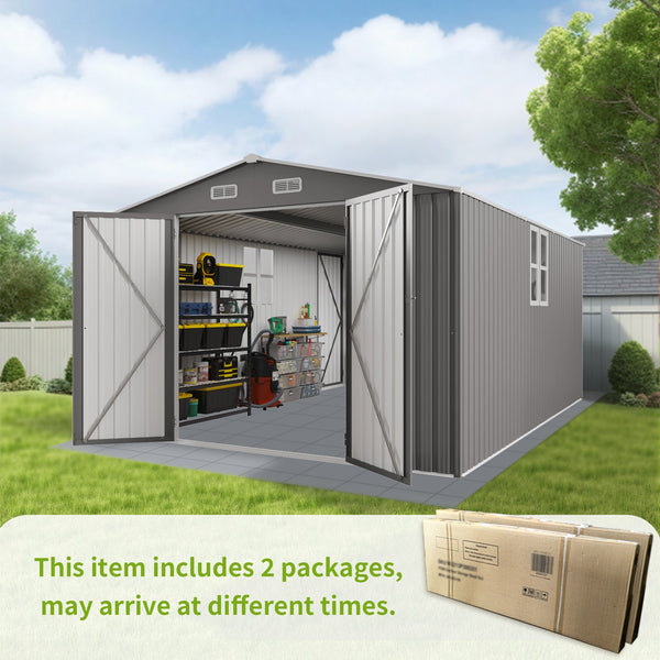 English Elm 10x14 Ft Galvanized Steel Outdoor Storage Shed with Lockable Doors and Vented Window W3213S00004
