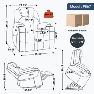 English Elm Up to 350 Lbs Chenille Power Lift Recliner with Massage Heating and Usb Charging Ports Grey W3224S00025