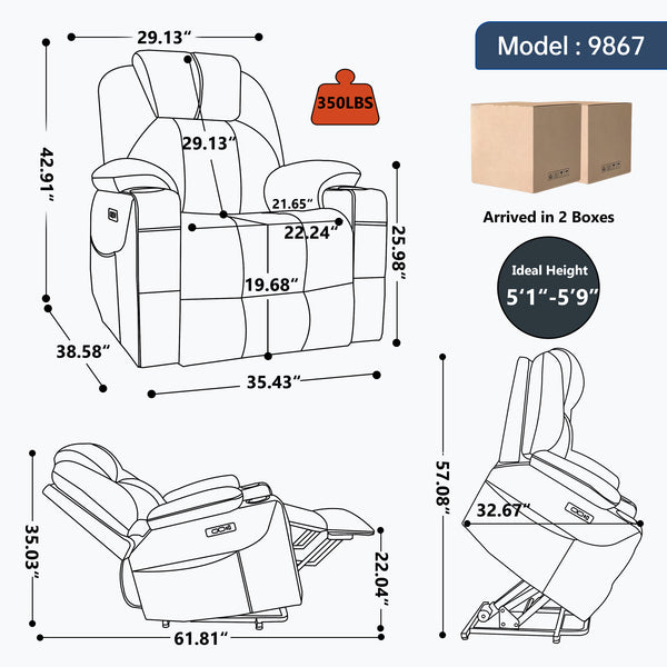 English Elm Up to 350 Lbs Chenille Power Lift Recliner with Massage Heating and Usb Charging Ports Grey W3224S00025