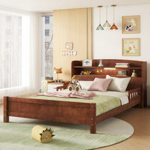 English Elm Full Pine Wood Bed with Bookcase Headboard, LED Motion Sensor, Guardrails & Ample Walnut Storage W504P281004