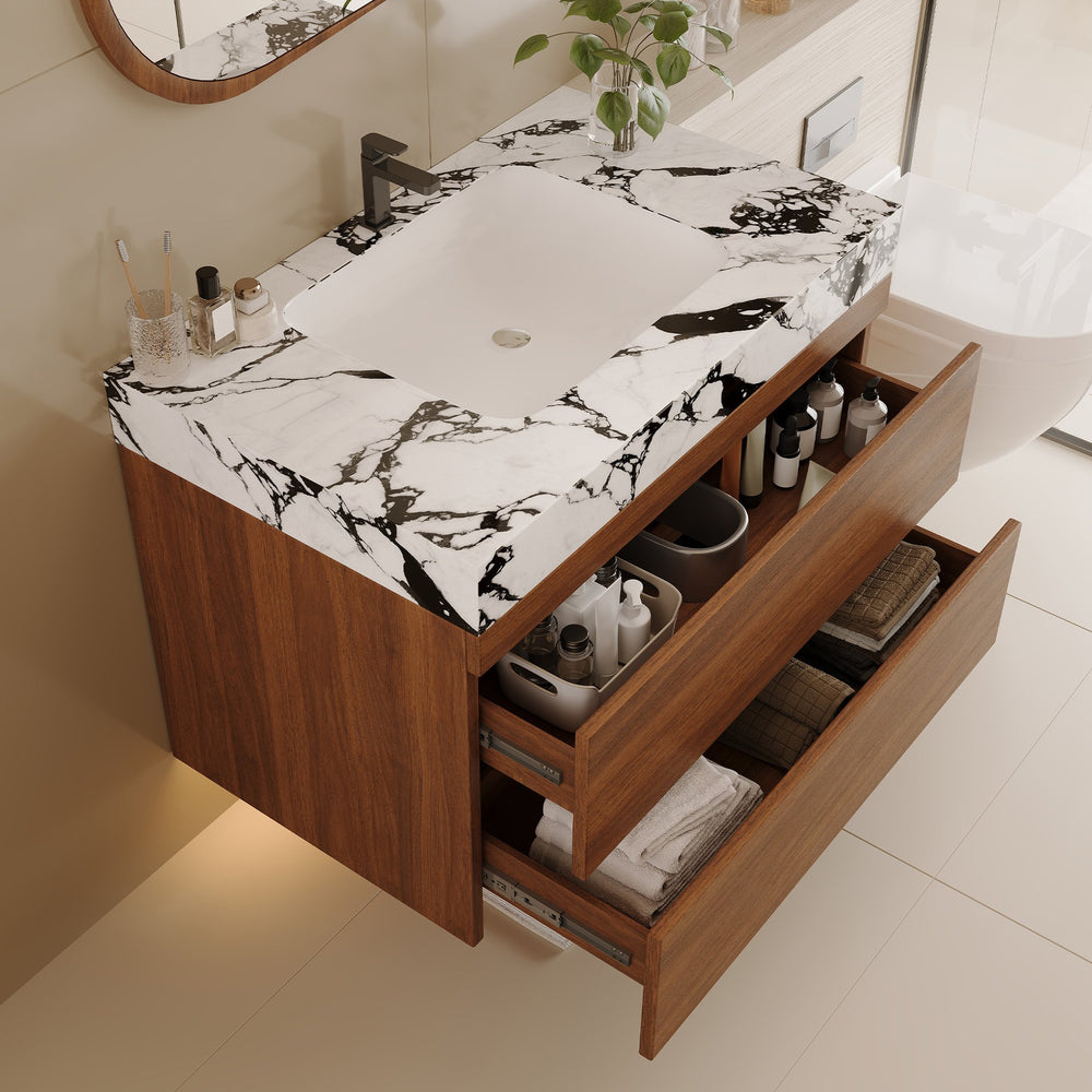 English Elm 29.9" Floating Bathroom Vanity Sintered Stone Top Soft Close Drawers Bronze Gold Hardware W3136S00040