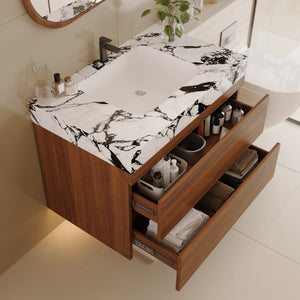 English Elm 29.9" Floating Bathroom Vanity Sintered Stone Top Soft Close Drawers Bronze Gold Hardware W3136S00040