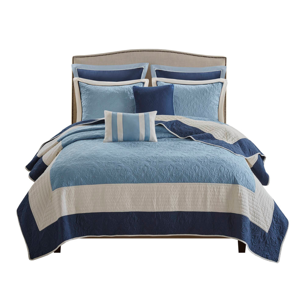 English Elm 7-Piece Full/Queen Quilt Set Navy with Euro Shams & Decorative Pillows, Brushed Microfiber Comfort Multicolor 15.35 L x 17.72 W x 9.45 H B035P408224