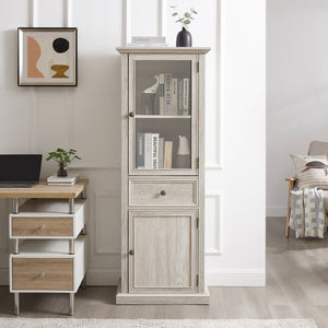 English Elm Tall Storage Cabinet with Glass Door & Drawer — Slim White Sideboard for Living Room, Kitchen, Office W2275P394346