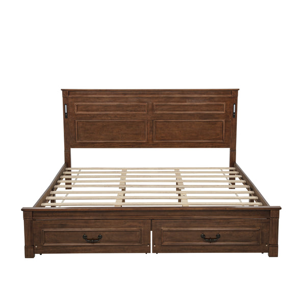 English Elm King Pine Wood Storage Bed with Led Lighting Usb Charging Tall Panel Headboard Walnut W504S00270