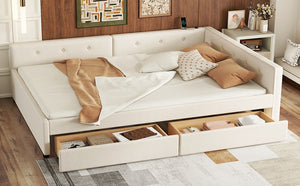 English Elm Full Full Size Upholstered Platform Bed with USB Ports, 2 Storage Drawers, Beige Linen Elegance DL000585AAA
