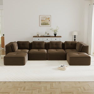 English Elm Modern Corduroy Modular Sectional with Tufted Cushions Two Ottomans Living Room Brown W714S01812