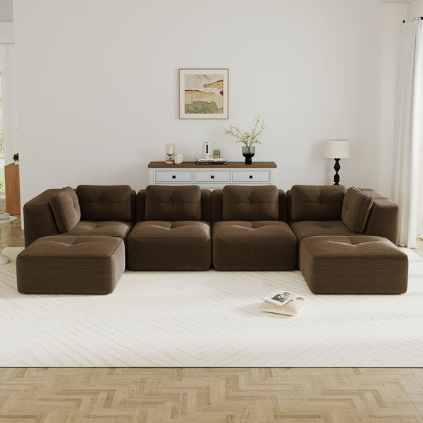 English Elm Modern Corduroy Modular Sectional with Tufted Cushions Two Ottomans Living Room Brown W714S01812