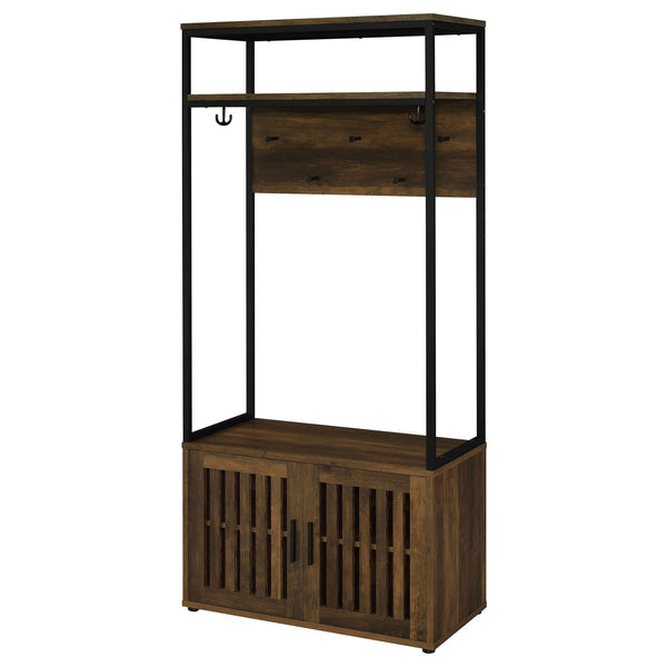 English Elm Flora Transitional Hall Tree with Seven Hooks Cabinet Shelves and Dark Pine Metal Frame B062P452017