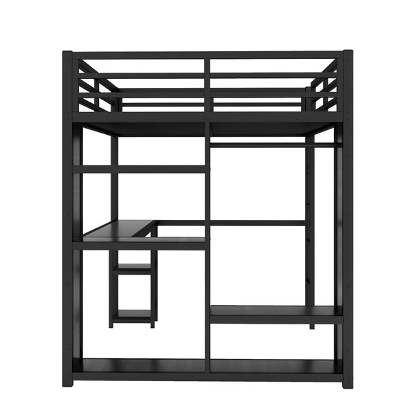 English Elm Queen Size Loft Bed Frame With Integrated Wardrobe, Desk & Shelves - Space-Saving Black Design W1580S00105-GIGA