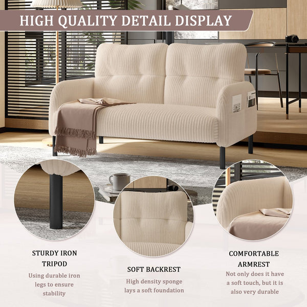 English Elm UNITED Corduroy Double Sofa with Ergonomic Support, High-Rebound Springs, Side Pockets, 500lb Capacity Beige W1568P307262