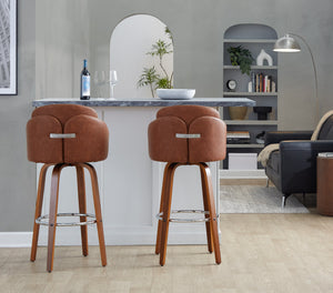 English Elm Fixed-height Mid-century Barstools with Walnut Legs and Grey Upholstered Seats Set Camel B202S01902