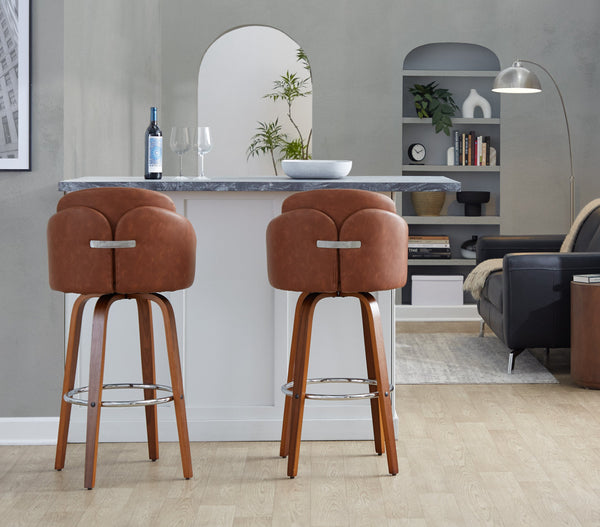 English Elm Fixed-height Mid-century Barstools with Walnut Legs and Grey Upholstered Seats Set Camel B202S01902