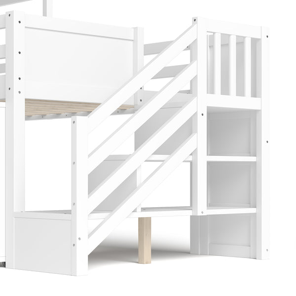 English Elm Full Size Metal Loft Bed with Stair Storage Shelves Bookshelf for Dorms Bedroom W1580S00395