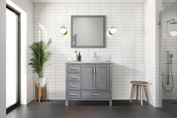 English Elm Distressed Grey Bath Vanity With Carrara Marble Top, Right Offset Design, Stylish Storage Solutions B2731P258841