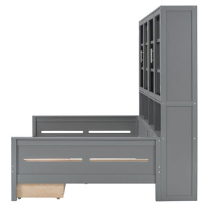 English Elm Full Size Wooden Daybed With Stylish Led Lighting, Glass Storage Cabinets & Versatile Shelves In Gray N820S00051E