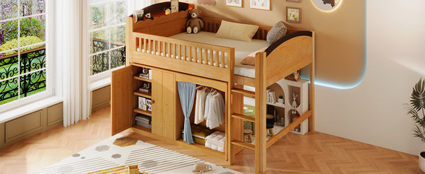English Elm Twin Loft Bed with Wardrobe Cabinet Led Lighting and Pine Frame for Kids Rooms Wood N7090002236M