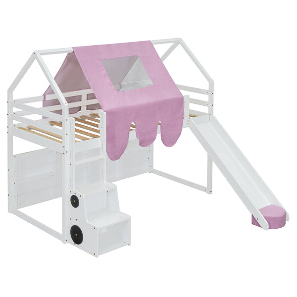 English Elm Twin House Loft Bed with Tent Canopy Slide and Shelves Pinewood Kids Frame White LT000682AAK