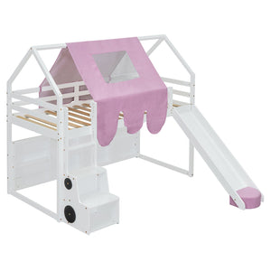 English Elm Twin House Loft Bed with Tent Canopy Slide and Shelves Pinewood Kids Frame White LT000682AAK-1