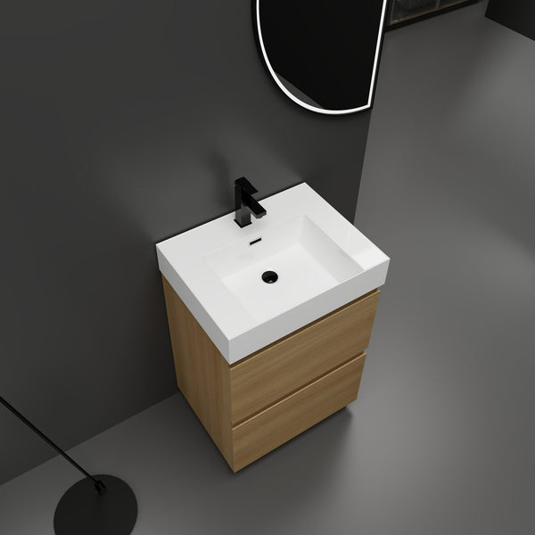 English Elm 24" Modern Bathroom Vanity with Single Undermount Sink, Engineered Wood, Waterproof Finish, 2 Drawers and Pre-Drilled Faucet Hole Oak W1972S00005