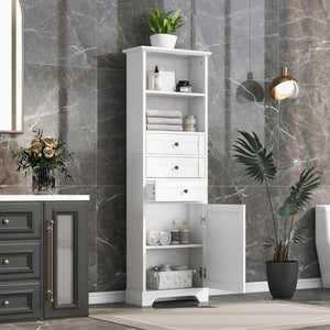 English Elm White Tall Storage Cabinet With 3 Drawers and Adjustable Shelves For Bathroom, Study, Office and Interior, Mdf Board With Painted Finish (Old Sku:Wf298151Aak)