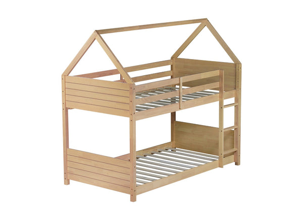 English Elm Twin House Floor Bunk Bed – Charming Rubberwood Design With Safety Guardrails, Ladder & White Oak Finish W504P227973-GIGA