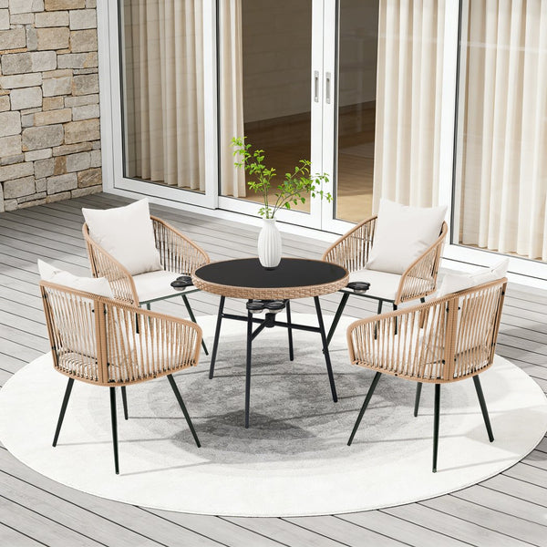 English Elm 5-piece Outdoor Wicker Dining Set with Round Glass Table and Cushioned Rattan Chairs White T5880S00011