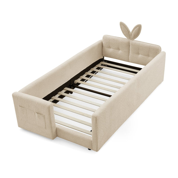 English Elm Twin Boucle Upholstered Kids Bed Whimsical Rabbit Ear Headboard with Safety Rail Camel W1413P407488