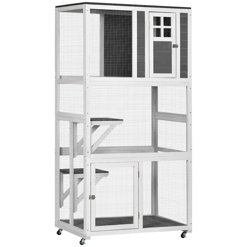 English Elm Pawhut Wooden Catio Outdoor Cat Enclosure with Wheels Weatherproof Asphalt Roof W2225P173768
