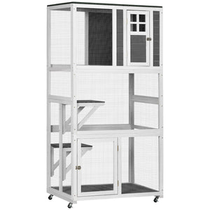 English Elm Pawhut Wooden Catio Outdoor Cat Enclosure with Wheels Weatherproof Asphalt Roof W2225P173768