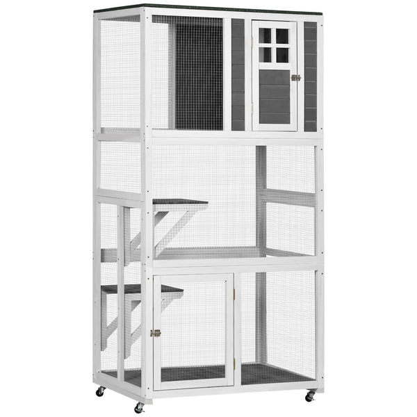 English Elm Pawhut Wooden Catio Outdoor Cat Enclosure with Wheels Weatherproof Asphalt Roof W2225P173768