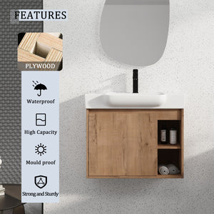 English Elm 28'' Floating Bathroom Vanity with Ceramic Sink Soft Close Door Melamine Cabinet Imitative Oak W999P426637