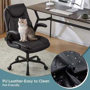 English Elm Leather Executive Desk Chair with Lumbar Support Flip Armrests and Swivel Base T5339P435712
