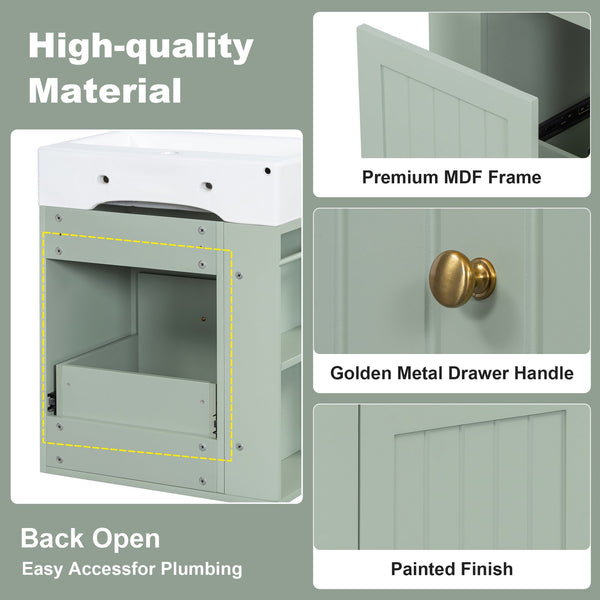 English Elm 20-Inch Compact Bathroom Vanity with Ceramic Sink, Wall-Mounted MDF Cabinet, Modern Space-Saver Design Green N725P314023F