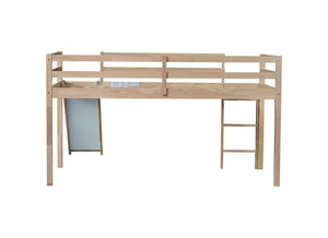 English Elm Twin Low Loft Bed with Slide and Ladder for Kids, Rubberwood Frame, Safety Guardrails & Playspace White Oak W504P218527