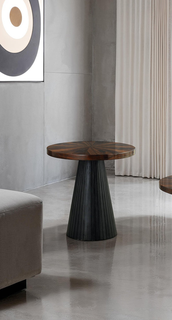 English Elm Contemporary End Table With Parquet Pattern Top & Matte Black Drum Base - Modern Living Room Accent B2741S00625