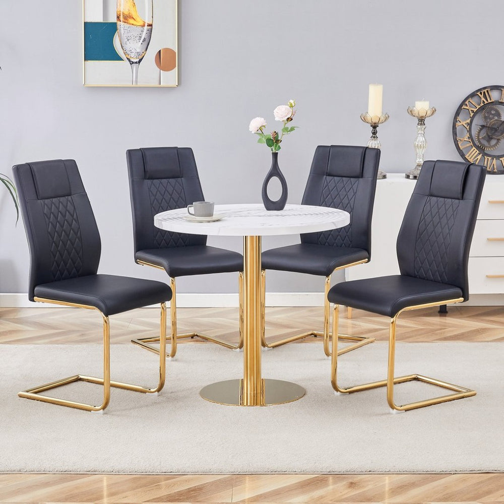 English Elm Table 31.5-Inch Round Dining Set With Elegant White Marble Top & 4 Black Pu Chairs, Gold Legs W1151S02492-GIGA