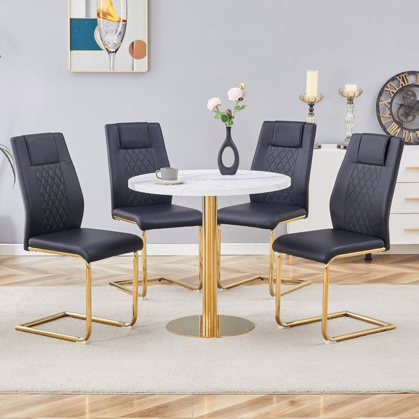 English Elm Table 31.5-Inch Round Dining Set With Elegant White Marble Top & 4 Black Pu Chairs, Gold Legs W1151S02492-GIGA