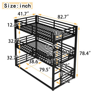 English Elm Twin Xl Triple Bunk Bed - Heavy-Duty Metal Frame With Guardrails & Noise-Reduced Design In Black W1580S00143-GIGA