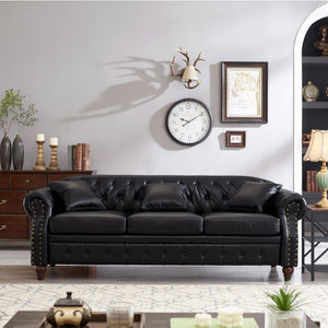 English Elm 85.8" Living Room Chesterfield Sofa with Storage Classic Tufted PU Upholstery Solid Wood Frame, 3-Seater Comfort Black W1097S00148