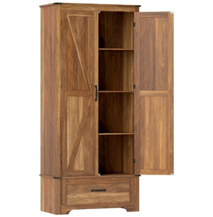 English Elm Kitchen Pantry Cabinet Tall Farmhouse Barn Door Storage with Adjustable Shelves Brown T3971P430946