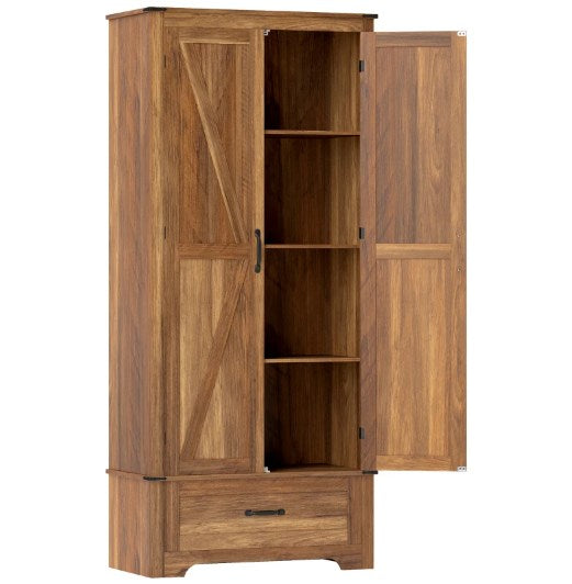 English Elm Kitchen Pantry Cabinet Tall Farmhouse Barn Door Storage with Adjustable Shelves Brown T3971P430946