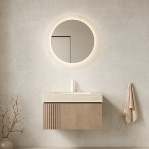 English Elm Muri Floating Bathroom Vanity Plywood Cabinet Travertine Stone Top Woodgrain Finish W2615S00608