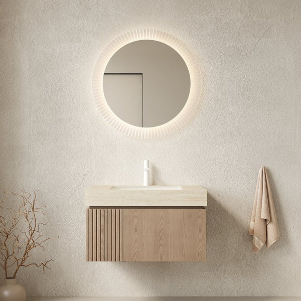 English Elm Muri Floating Bathroom Vanity Plywood Cabinet Travertine Stone Top Woodgrain Finish W2615S00608