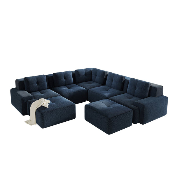 English Elm Modular Corduroy Sectional Sofa V Shaped 5 Seat Living Room Couch with Ottoman Blue W714S01580