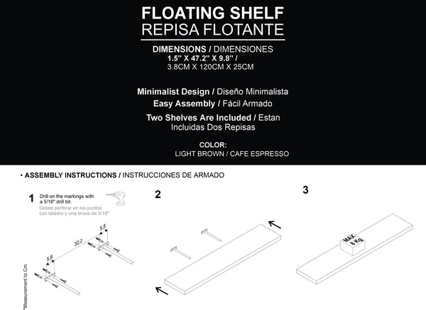 English Elm Greer Floating Shelf Melamine Set of 2 — Modern Minimalist Wall-Mounted Shelves for Home Office Light Brown 47.2 L x 10.2 W x 3.5 H B128P375282