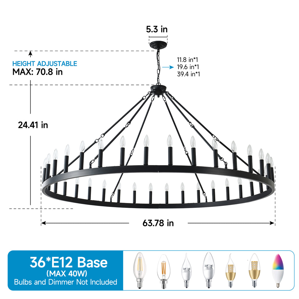 English Elm 63.8 Inch 36-light Wagon Wheel Chandelier Matte Black Farmhouse Fixture for High Ceilings W5008P388929