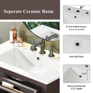 English Elm Christopher Knight Home® - 30" Bathroom Vanity with Ceramic Sink, Solid Wood Legs, Adjustable Shelf, Tip-Out Tray, Soft-Close Hinges, Silver Knobs, Moisture-Resistant Finish Dark Brown N817P286250D