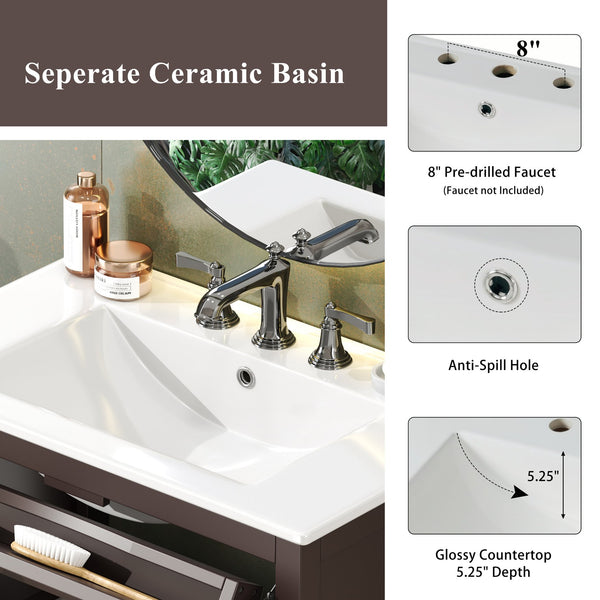English Elm Christopher Knight Home® - 30" Bathroom Vanity with Ceramic Sink, Solid Wood Legs, Adjustable Shelf, Tip-Out Tray, Soft-Close Hinges, Silver Knobs, Moisture-Resistant Finish Dark Brown N817P286250D